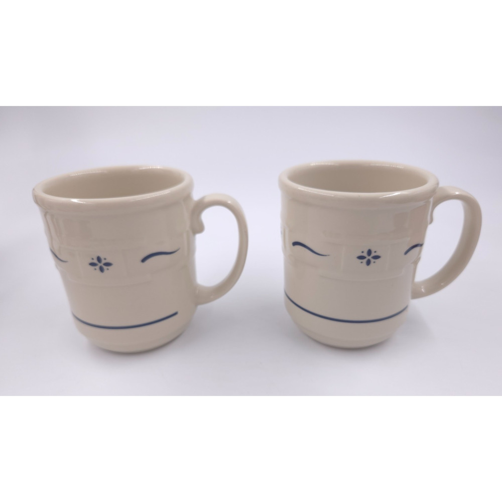 Set of 2 Longaberger Pottery Woven Traditions Classic Blue Large Coffee Mugs USA